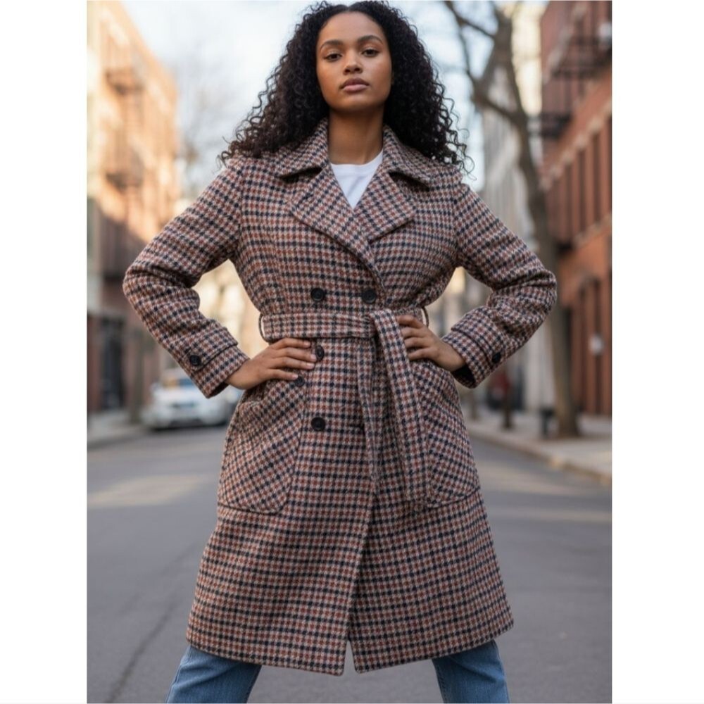 Vintage Swingles by Character houndstooth plaid double breasted trench coat FLAW